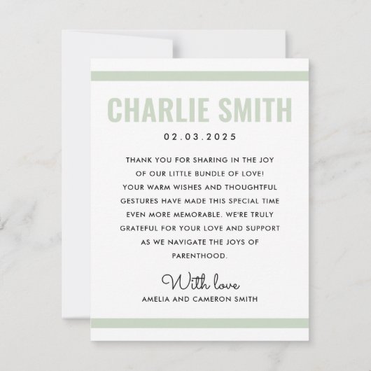 Moderne salie groen wit nieuwe baby geboorte foto aankondiging (Achterkant)