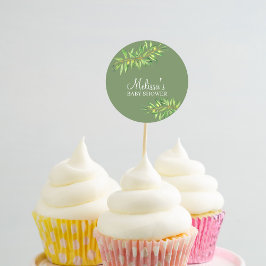 Moderne salie groene olijftak cupcake topper ronde sticker