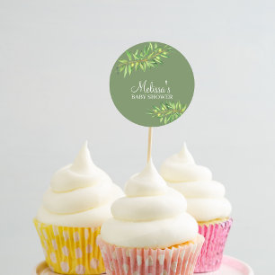 Moderne salie groene olijftak cupcake topper ronde sticker