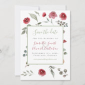 Moderne saliegroen bordeaux bloem bruiloft save the date (Voorkant)