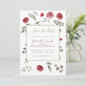 Moderne saliegroen bordeaux bloem bruiloft save the date (Staand voorkant)