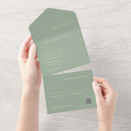 Moderne Saliegroen Eenvoudige QR Code Huwelijk All In One Uitnodiging