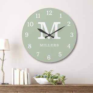 Moderne Saliegroen En Witte Monogram Familienaam Grote Klok