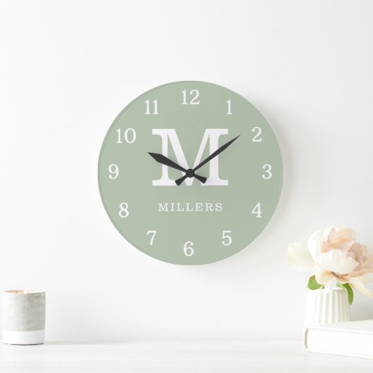 Moderne Saliegroen En Witte Monogram Familienaam Grote Klok (Huis)