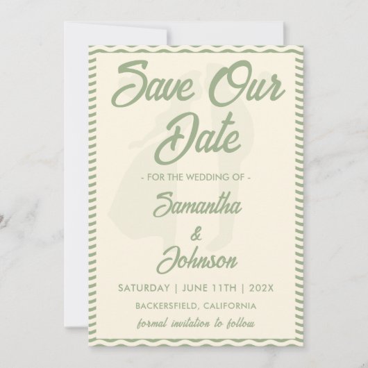 Moderne Saliegroen Golfstreep Foto Bruiloft Save The Date (Voorkant)
