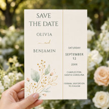 Moderne Saliegroen Gouden Botanische Save the Dat