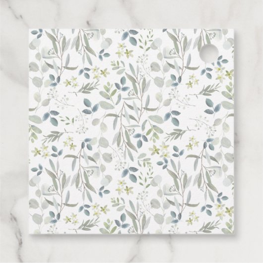 Moderne saliegroen gouden eucalyptus huwelijksfees bedankjes labels (Achterkant)