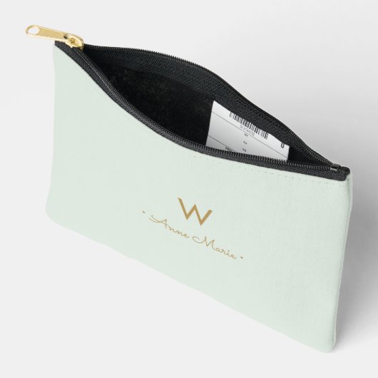 Moderne Saliegroen Gouden Script Monogram Etui (Open)