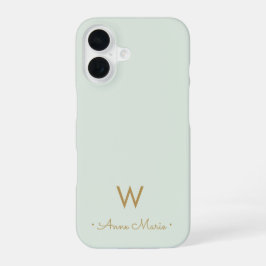 Moderne Saliegroen Gouden Script Monogram iPhone 16 Hoesje