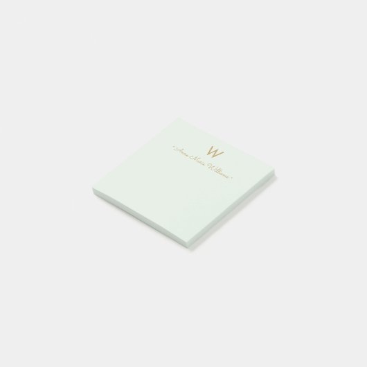Moderne Saliegroen Gouden Script Monogram Post-it® Notes (Schuin)