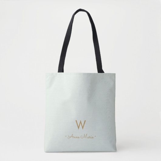 Moderne Saliegroen Gouden Script Monogram Tote Bag (Voorkant)