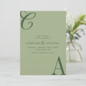 Moderne Saliegroen Minimalistische Monogram Trouwd Save The Date (Staand voorkant)