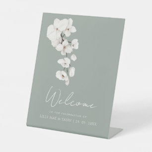 Moderne Saliegroen Witte Orchidee Bruiloft Welkom Reclamebord Met Voetstuk
