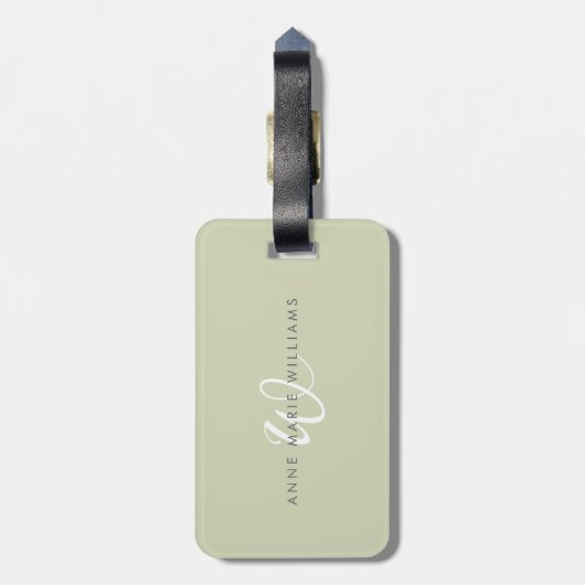 Moderne Saliegroen Witte Script Monogram Bagagelabel (Achterkant verticaal)