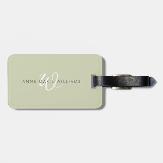 Moderne Saliegroen Witte Script Monogram Bagagelabel (Achterkant horizontaal)