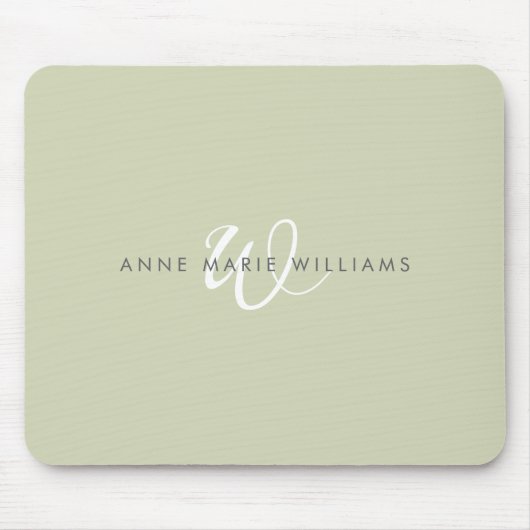 Moderne Saliegroen Witte Script Monogram Muismat (Voorkant)