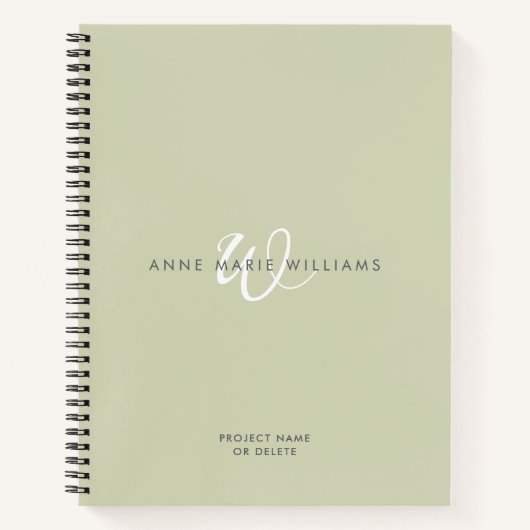 Moderne Saliegroen Witte Script Monogram Notitieboek (Voorkant)