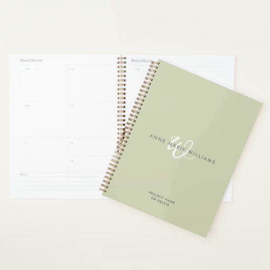 Moderne Saliegroen Witte Script Monogram Planner (Display)