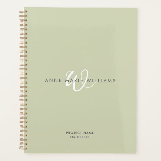 Moderne Saliegroen Witte Script Monogram Planner (Voorkant)