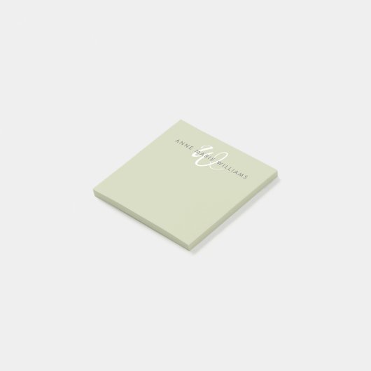 Moderne Saliegroen Witte Script Monogram Post-it® Notes (Schuin)