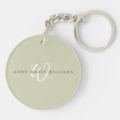 Moderne Saliegroen Witte Script Monogram Sleutelhanger (Achterkant)