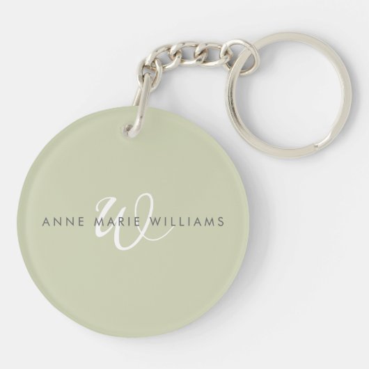 Moderne Saliegroen Witte Script Monogram Sleutelhanger (Achterkant)