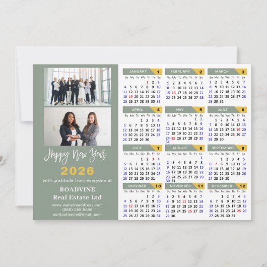 Moderne saliegroene 2026 kalender zakelijke minima feestdagenkaart (Voorkant)