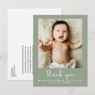 Moderne saliegroene babyfoto geboortekaart briefkaart