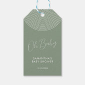 Moderne saliegroene babyshower chique script cadeaulabel (Voorkant)
