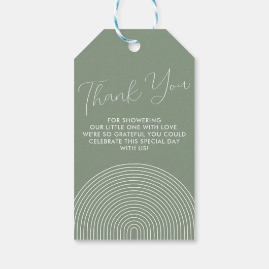Moderne saliegroene babyshower chique script cadeaulabel (Achterkant)