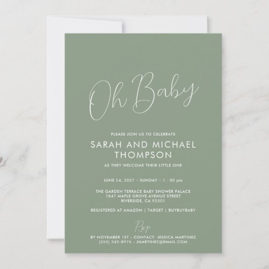 Moderne saliegroene babyshower Elegante script Kaart (Voorkant)
