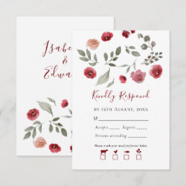 Moderne saliegroene bladgroen burgundy bloemmotief RSVP kaartje