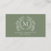 Moderne saliegroene bloemenkroon monogram QR-code Visitekaartje (Voorkant)