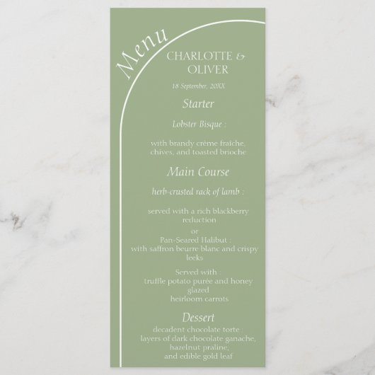 Moderne saliegroene boog bruiloftsreceptie menu ka (Voorkant)