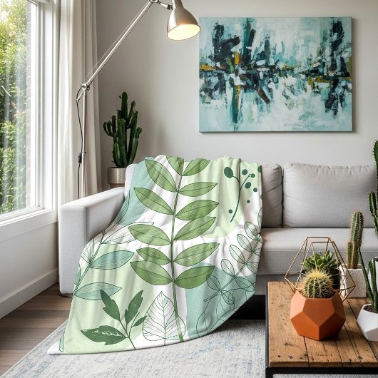 Moderne saliegroene botanische bladpatroon fleece deken