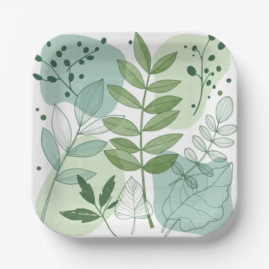 Moderne Saliegroene Botanische Bladpatroon Papieren Bordje (Voorkant)