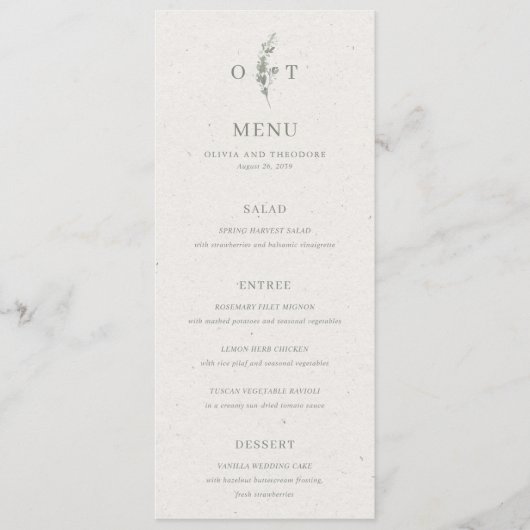 Moderne Saliegroene Botanische Elegante Bruiloft Menu (Voorkant)