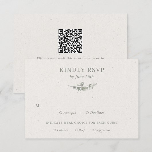 Moderne Saliegroene Botanische QR Code Huwelijk RSVP Kaartje (Voorkant / Achterkant)