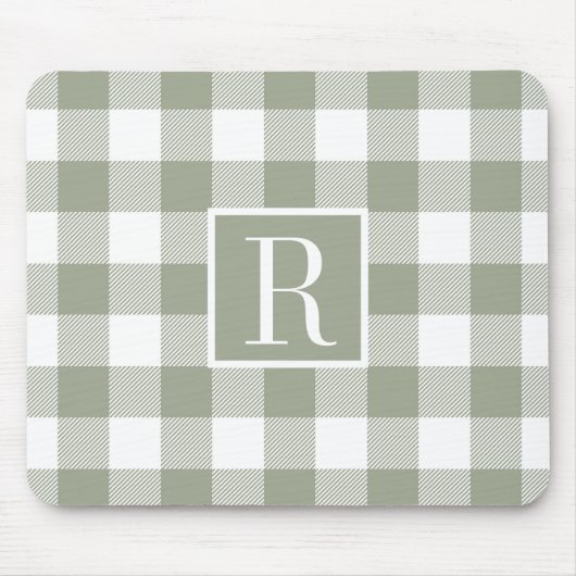 Moderne Saliegroene Buffalo Check Monogram Initiaa Muismat (Voorkant)
