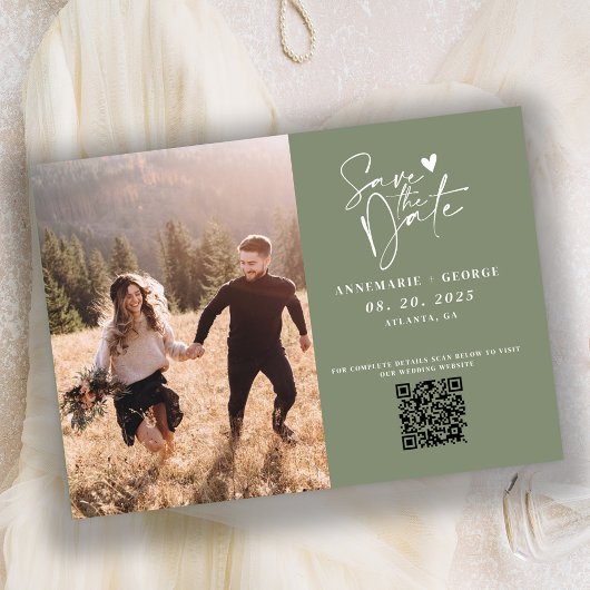 Moderne Saliegroene Calligrafie Foto QR Code Save The Date
