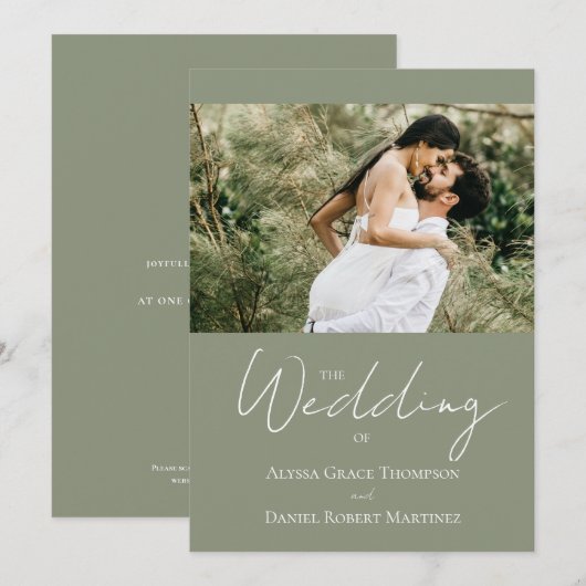 Moderne saliegroene chic foto bruiloft kaart (Voorkant / Achterkant)