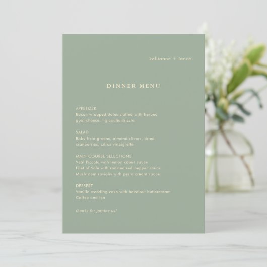 Moderne saliegroene eenvoudige trouwdag menu (Staand voorkant)