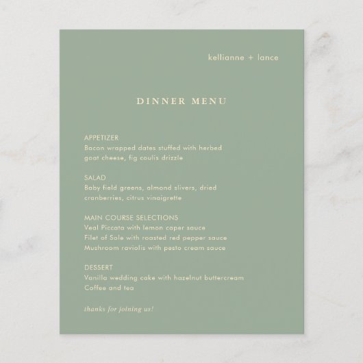 Moderne saliegroene eenvoudige trouwmenu flyer (Voorkant)