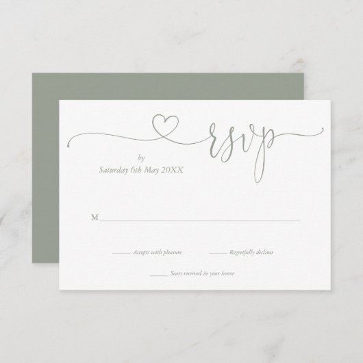 Moderne saliegroene elegante script hart RSVP kaartje (Voorkant / Achterkant)