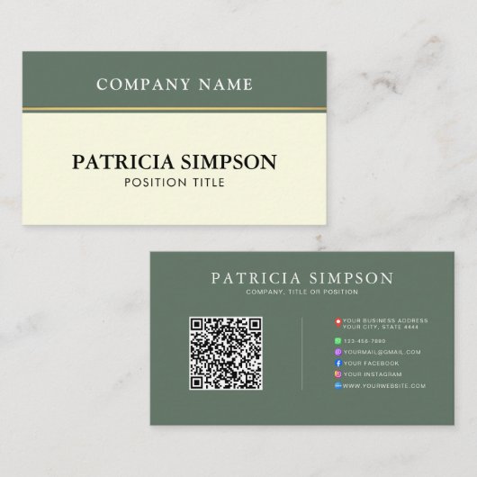Moderne Saliegroene en Beige Crème QR-code sjabloo Visitekaartje (Voorkant / Achterkant)