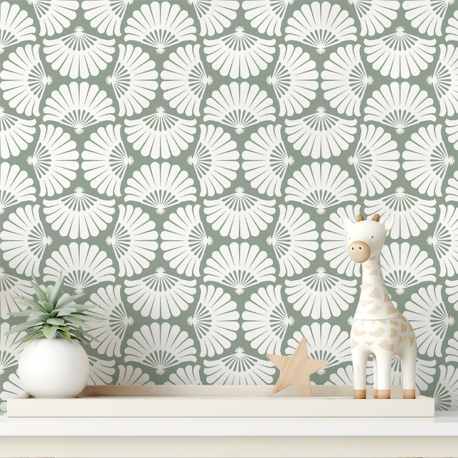 Moderne saliegroene en witte Ogee palmwaaier Behang (Creator heeft geüpload)