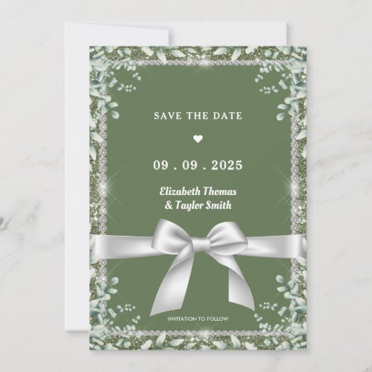 Moderne Saliegroene Eucalyptus Glitter Bruiloft Save The Date (Voorkant)