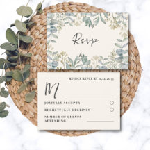 Moderne saliegroene eucalyptus-huwelijks-RSVP