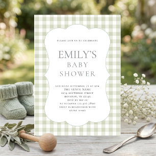 Moderne saliegroene geruite babyshower kaart