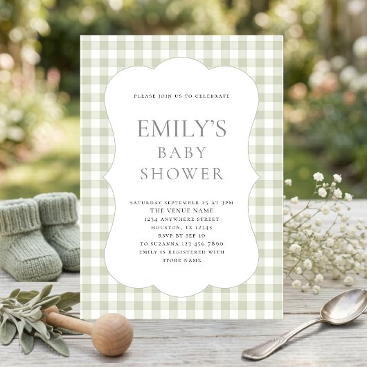Moderne saliegroene geruite babyshower kaart